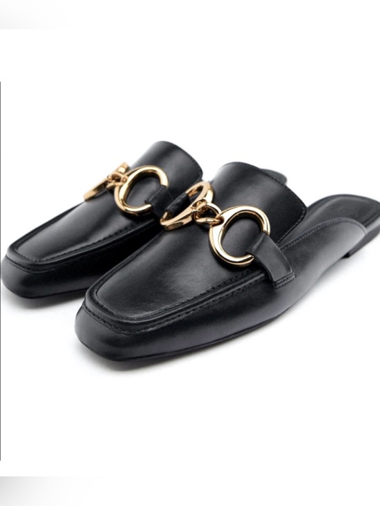 Zara Shoes - Zara Black Leather Mules with Gold Ring Detail